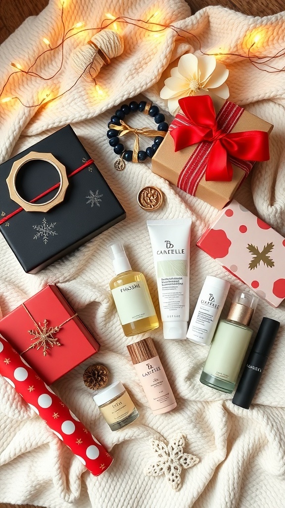 Trendy Christmas gifts including jewelry, skincare, and accessories on a cozy blanket with fairy lights.